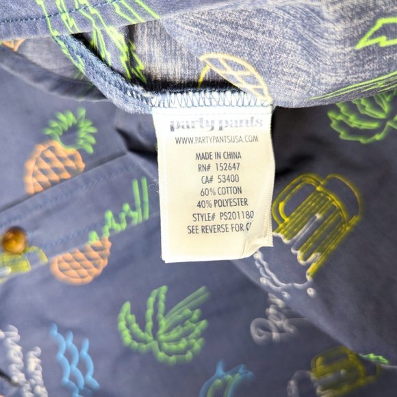 Party Pants NWT Med Short Sleeve Button Neon Sign Tropical Hawaiian Blue Shirt - Picture 9 of 10